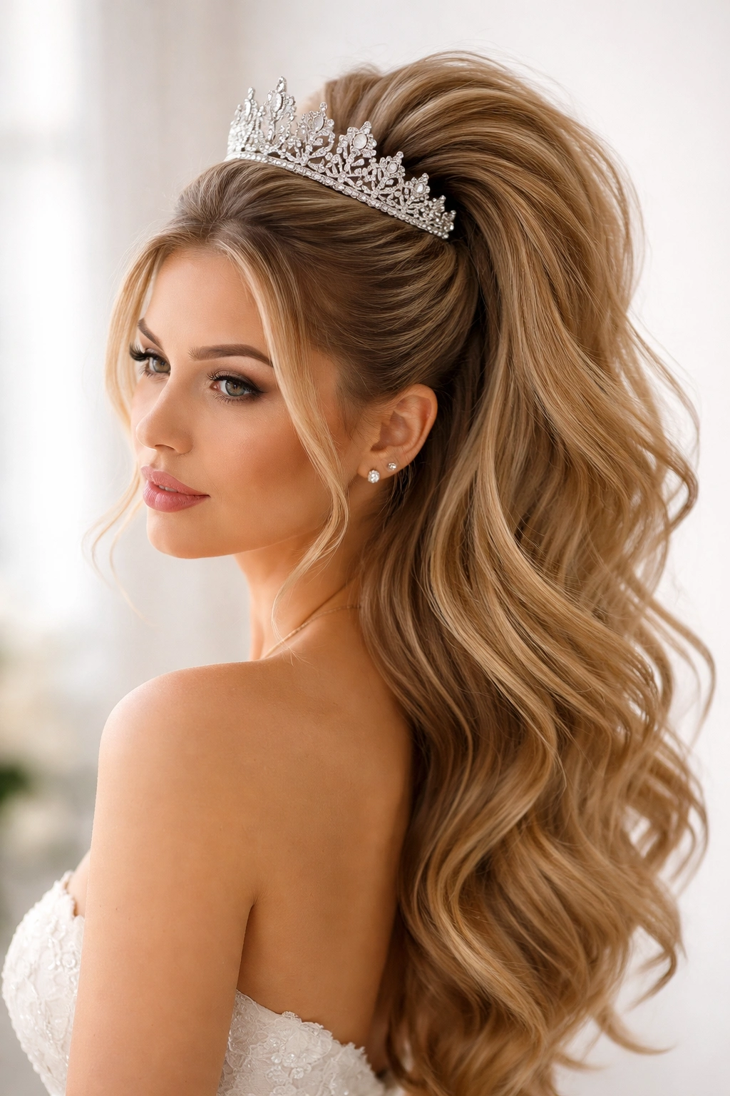 High half-up ponytail with tiara at crown