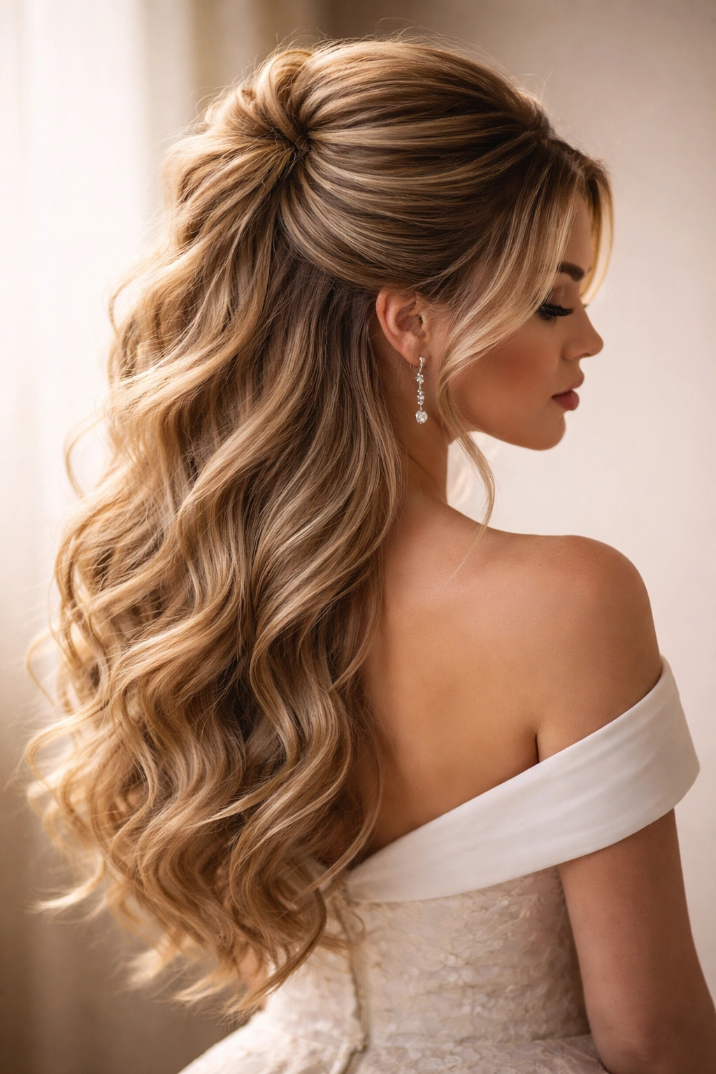 Back view of a voluminous half-up hairstyle with dramatic crown lift and flowing waves
