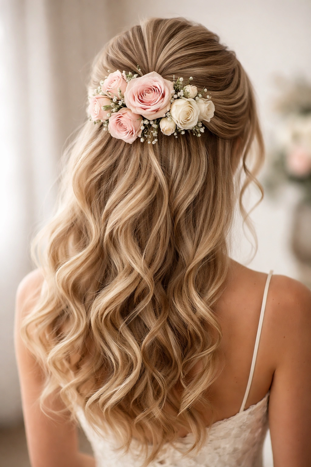 Voluminous half-up with a clustered rose crown
