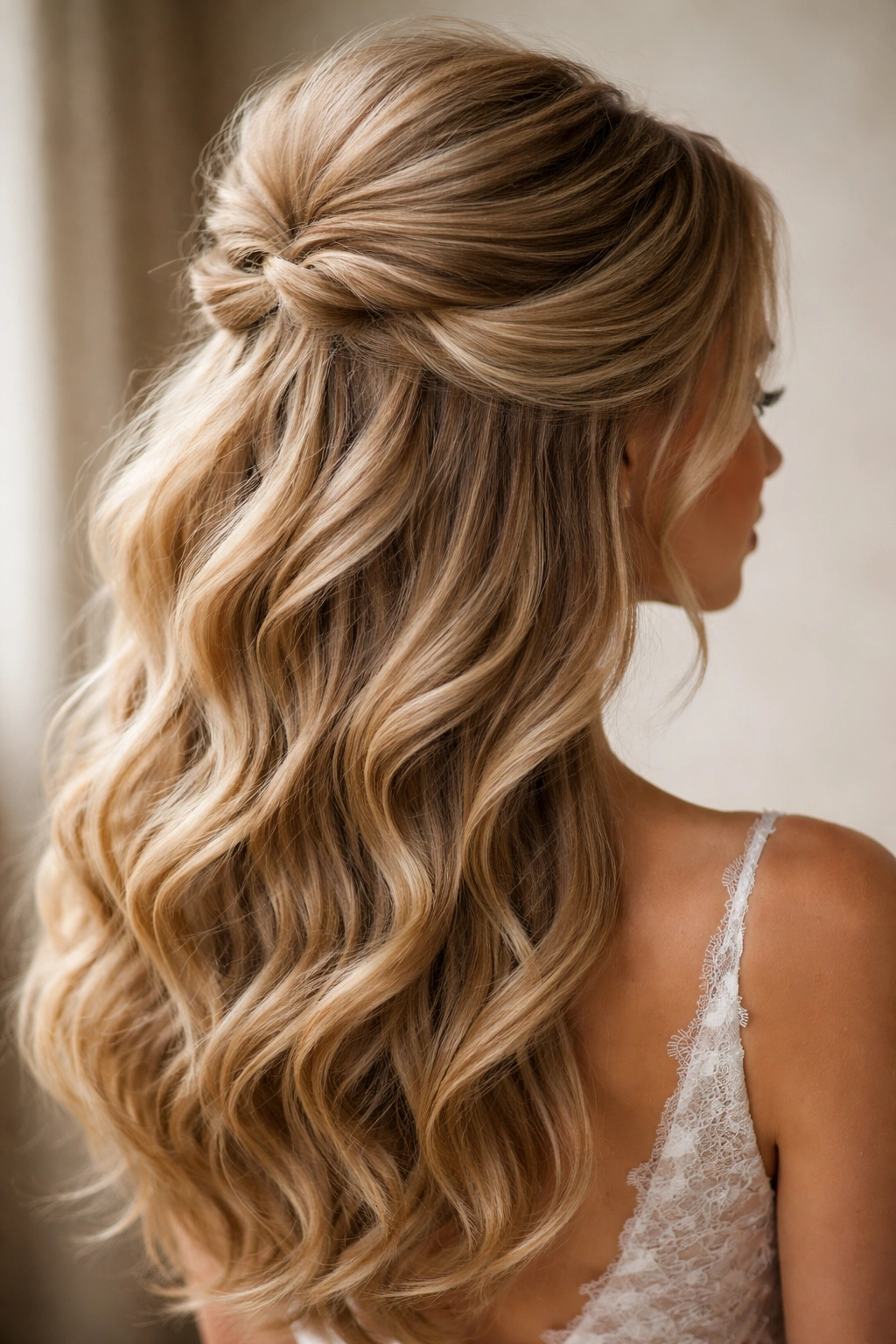 Teased voluminous half-up hairstyle with pronounced crown texture