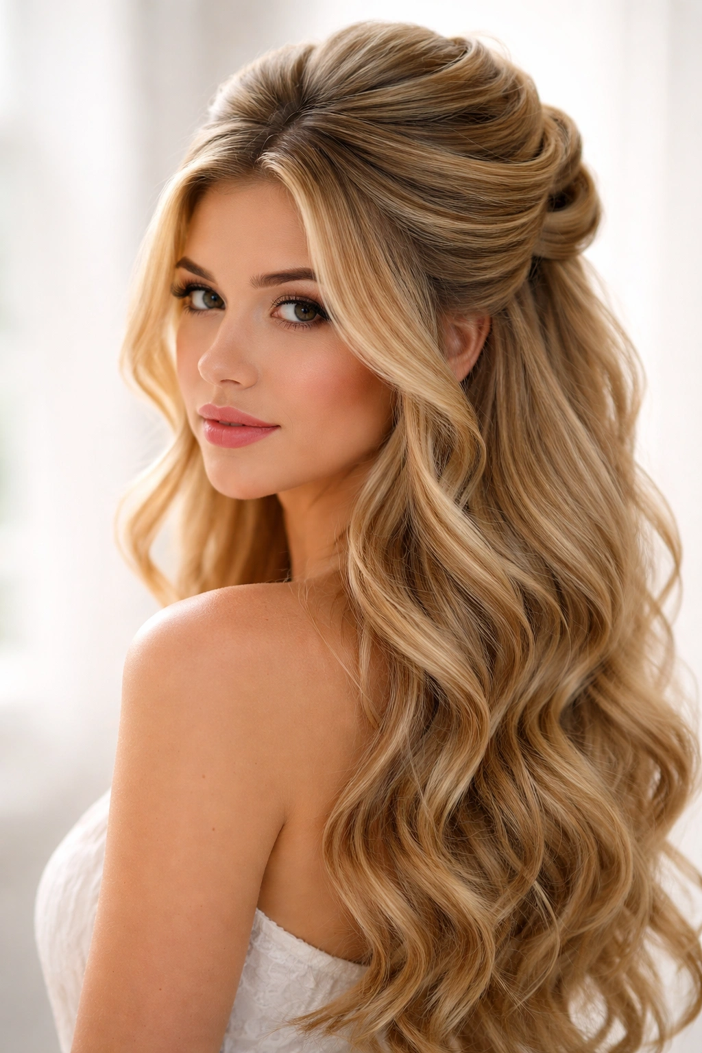 Voluminous twisted half-up hairstyle with dramatic lift and texture