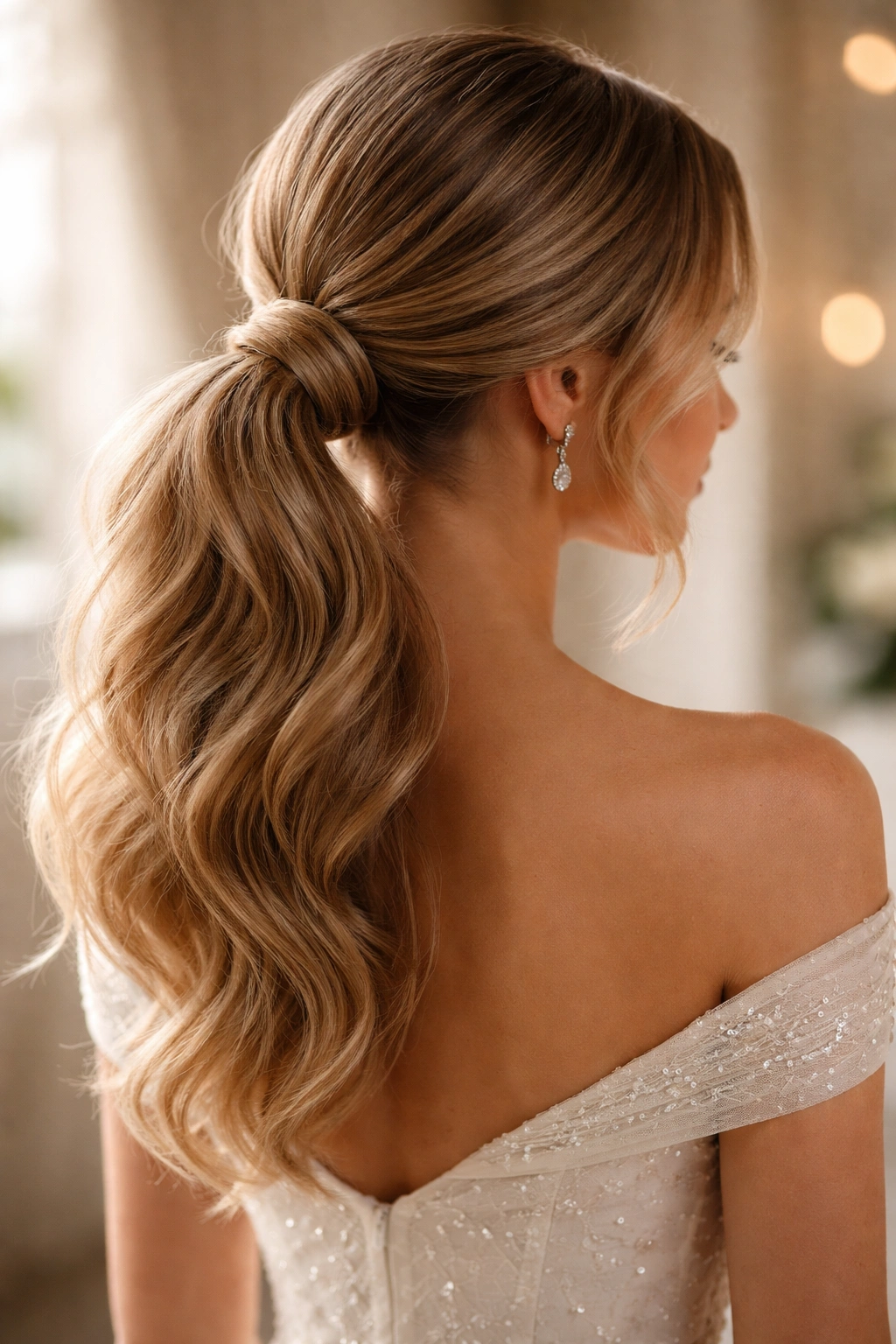 Voluminous low bun ponytail at the nape with soft texture