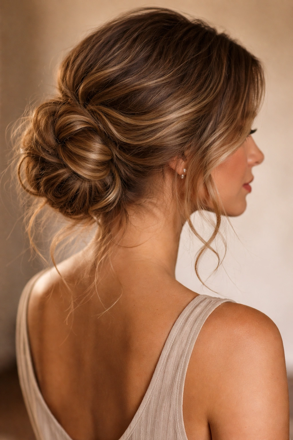 Voluminous low chignon on thick wavy hair with visible texture