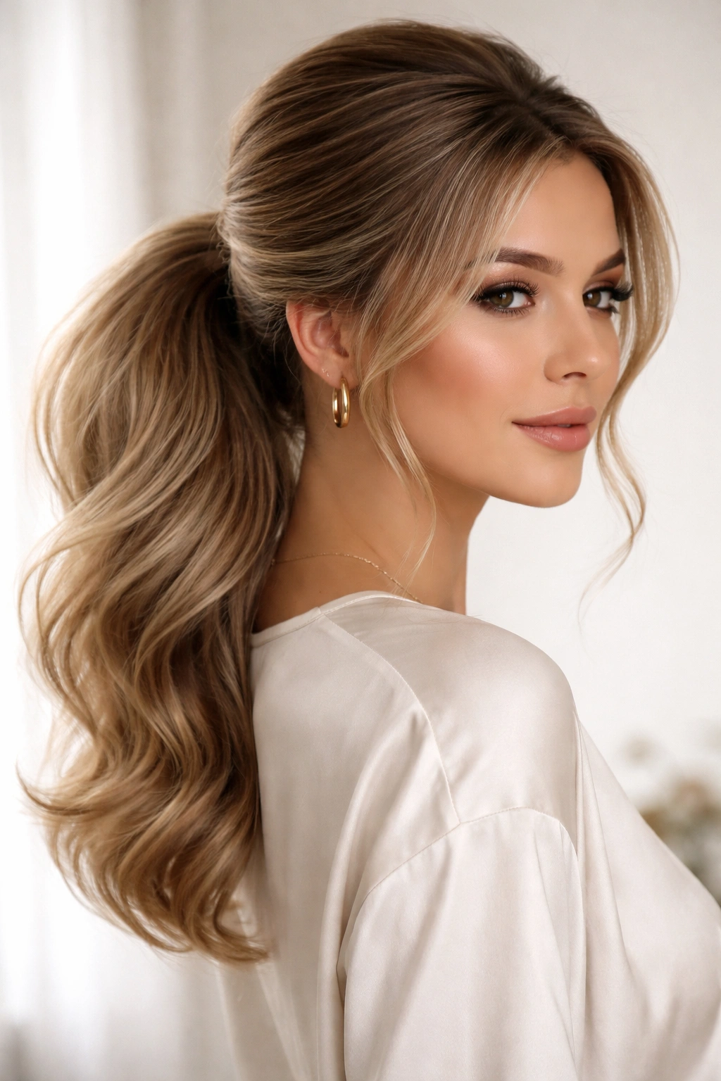Front-right view of a model with a voluminous low ponytail and a full crown.