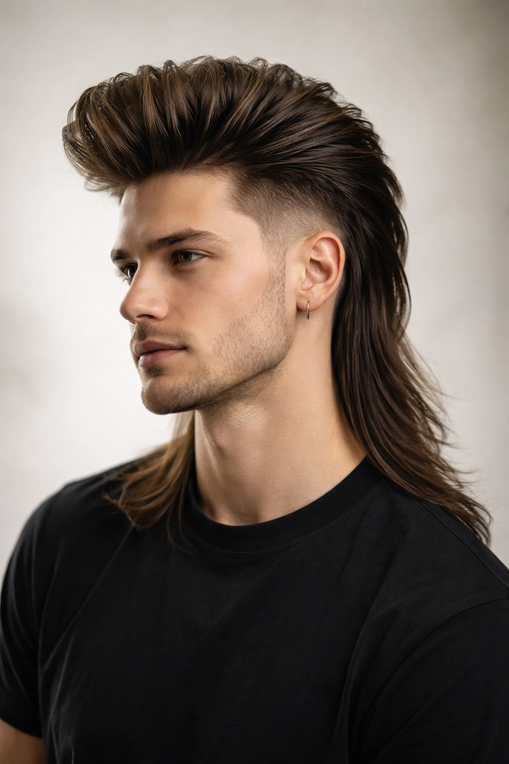 Voluminous pomp mullet with tall top and long back on straight hair
