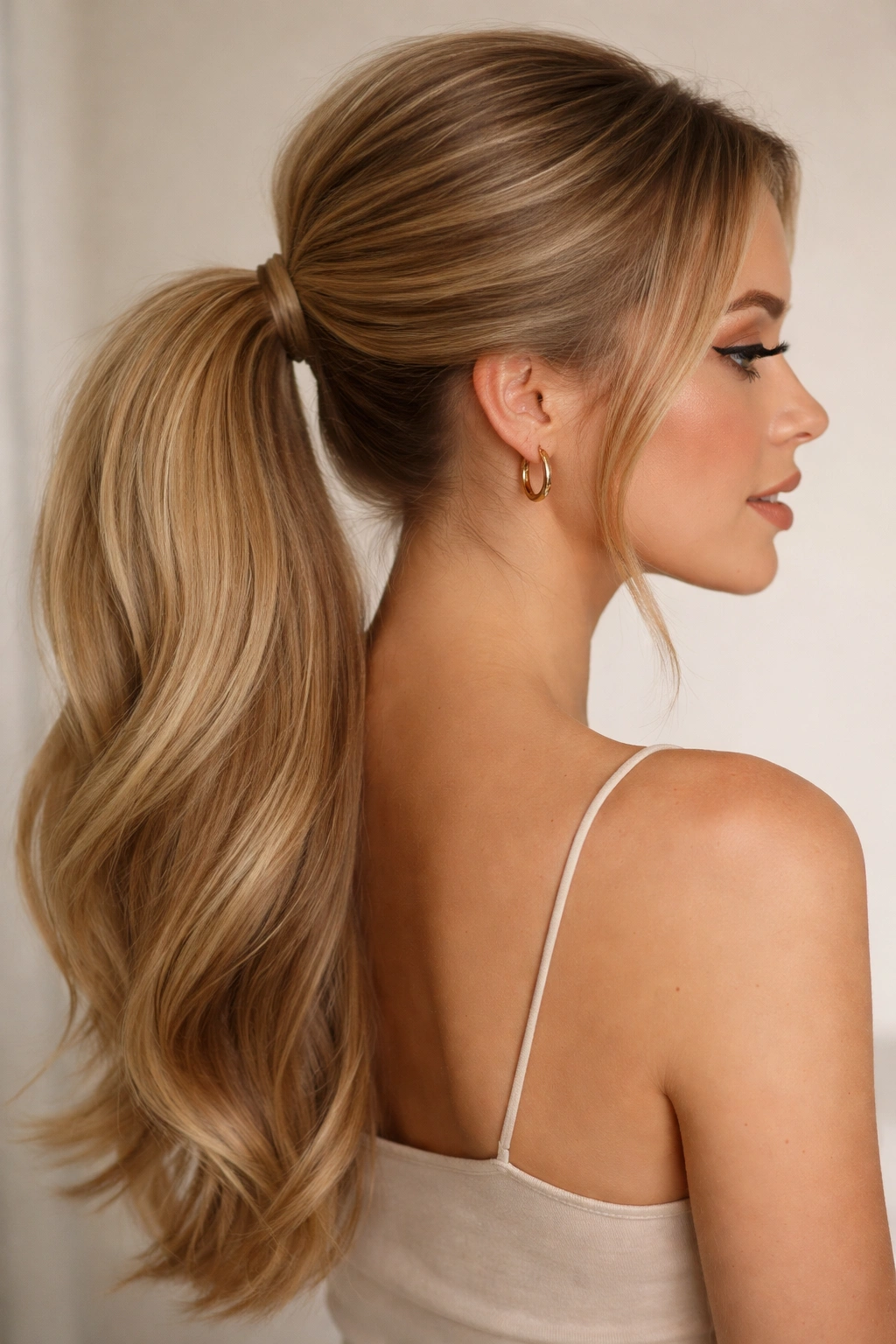 Voluminous low ponytail with a full crown