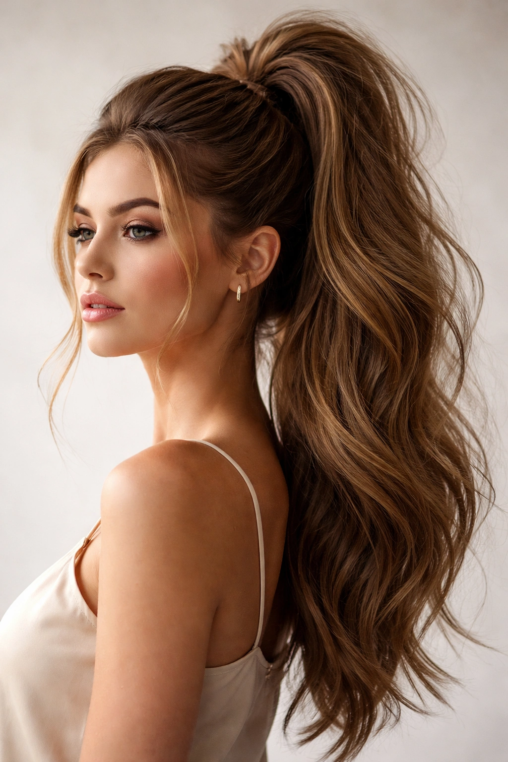Voluminous high ponytail with crown lift and textured ends
