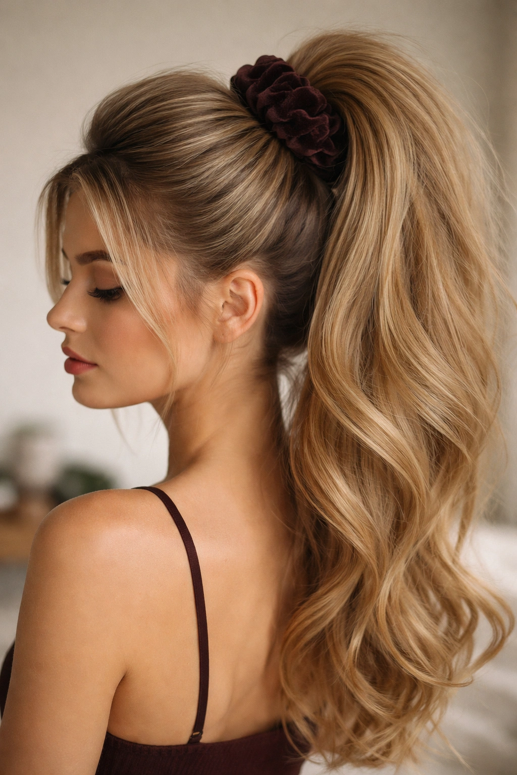 Close-up of voluminous high ponytail with teased crown and velvet scrunchie, hair texture and shine highlighted