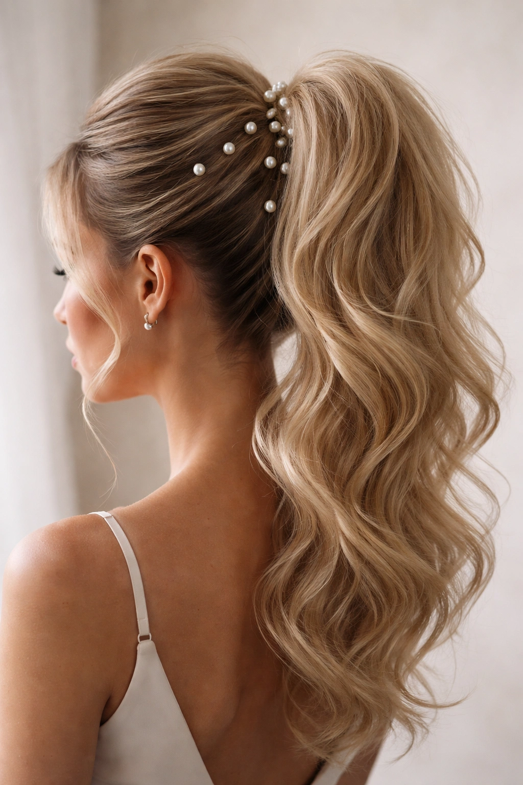 High-volume ponytail with pearl accents, teased crown and scattered pearls