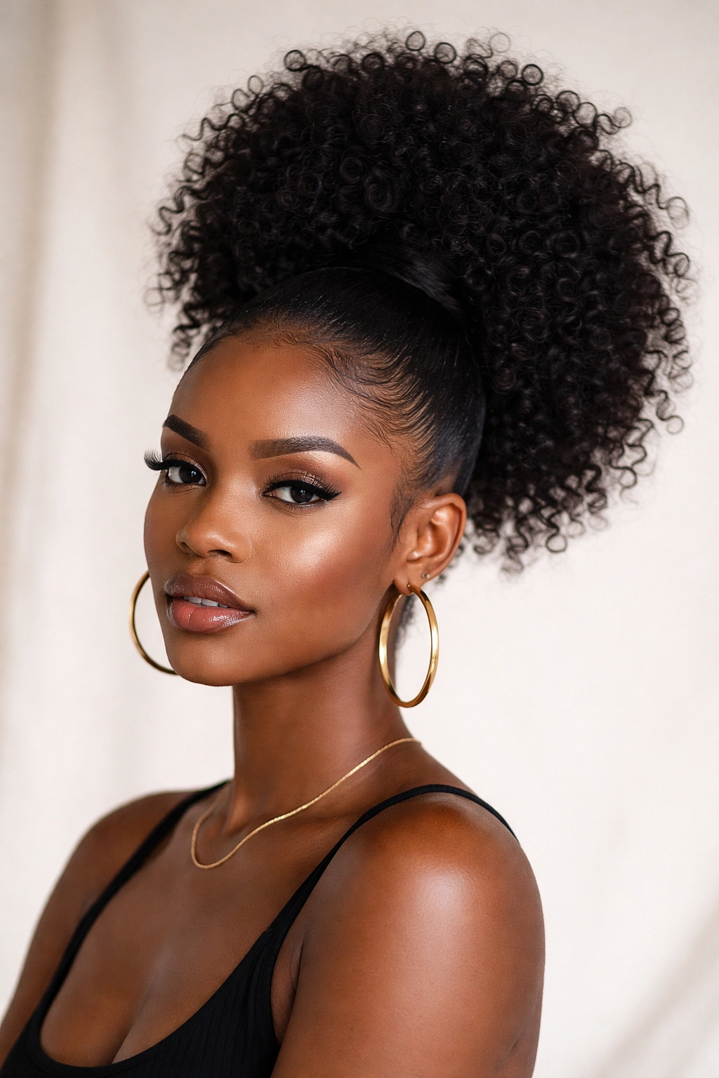 Close-up of a Black woman's towering high puff ponytail at the crown with defined curls