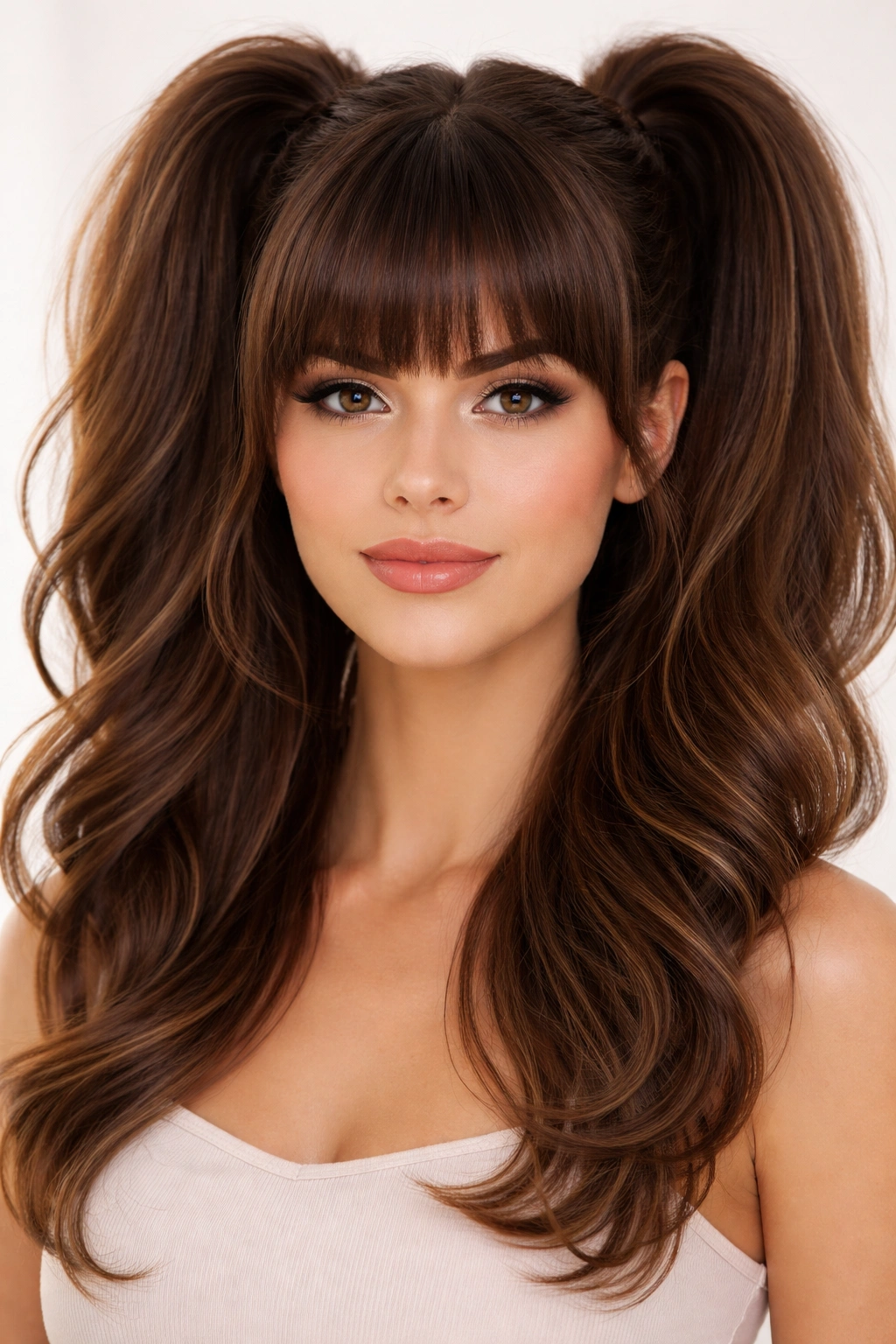 Close-up of Voluminous Double Ponytails With Thick Bangs showing high-volume ponytails and thick bangs