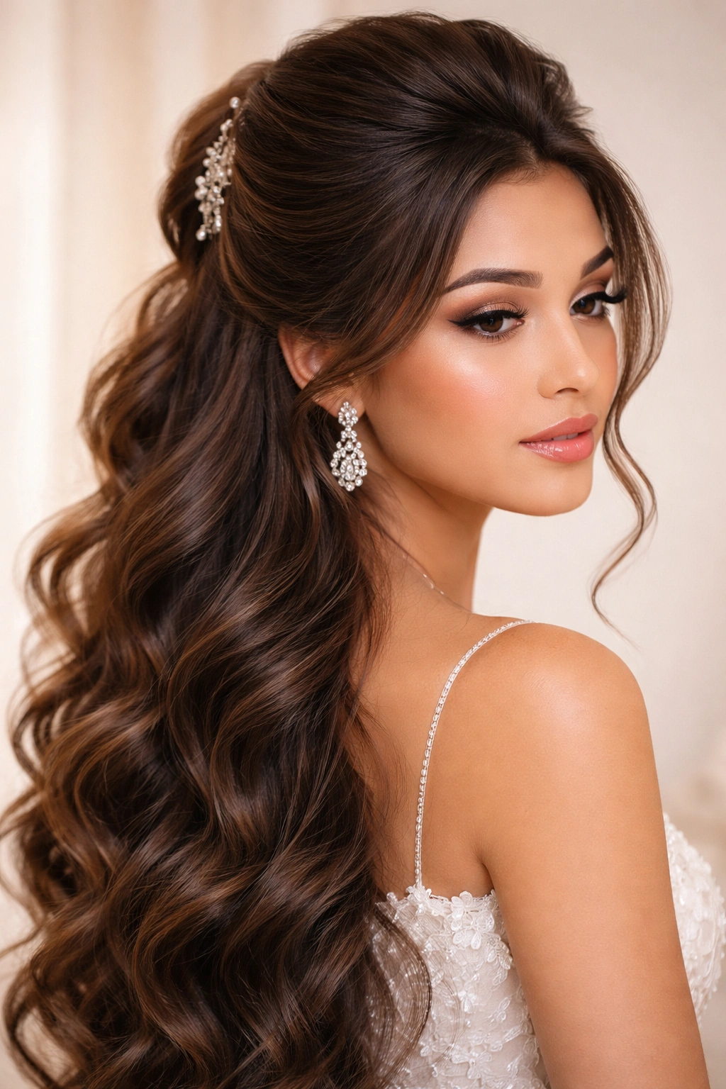 Close-up of The Voluminous Poof Half-Up hairstyle with a dramatic teased crown