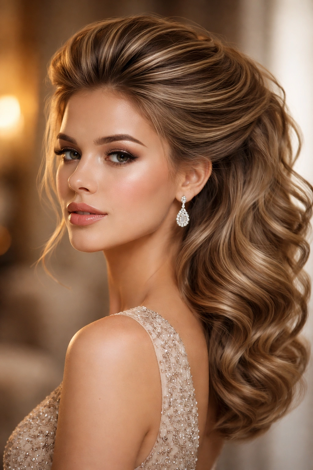 Prom hairstyle voluminous swept-back waves with loose back curl
