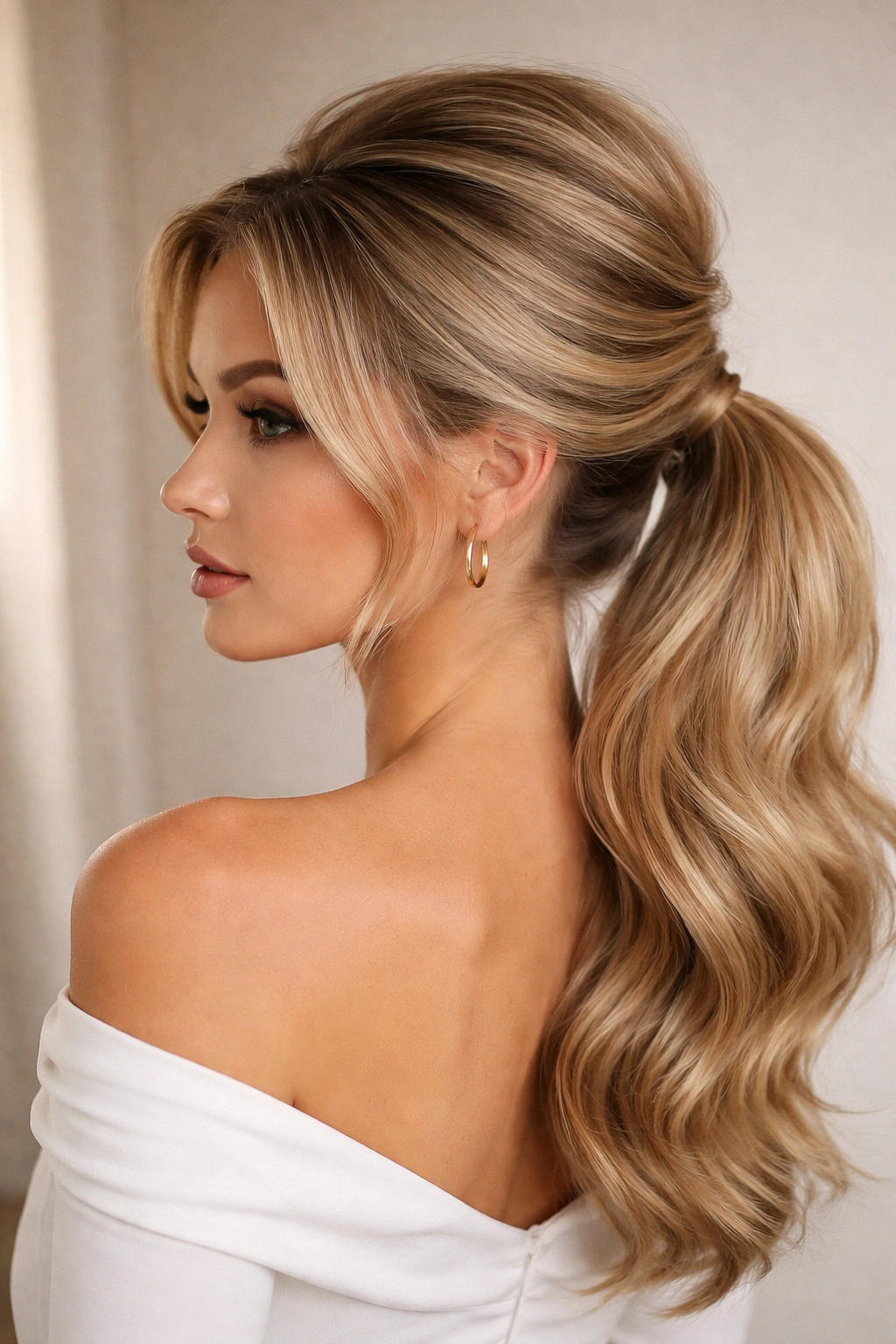 Voluminous low swoop ponytail with lifted crown and full silhouette