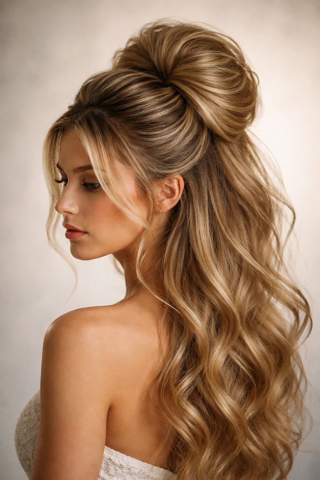 Three-quarter view of a voluminous teased half bun with dramatic fullness