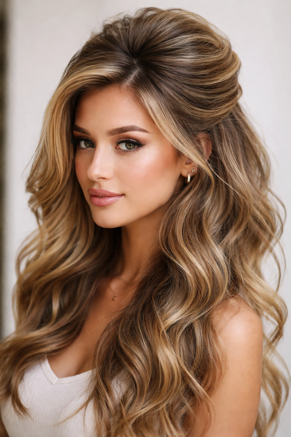 Close-up of teased crown for volume with a swept-back swoop on wavy hair.