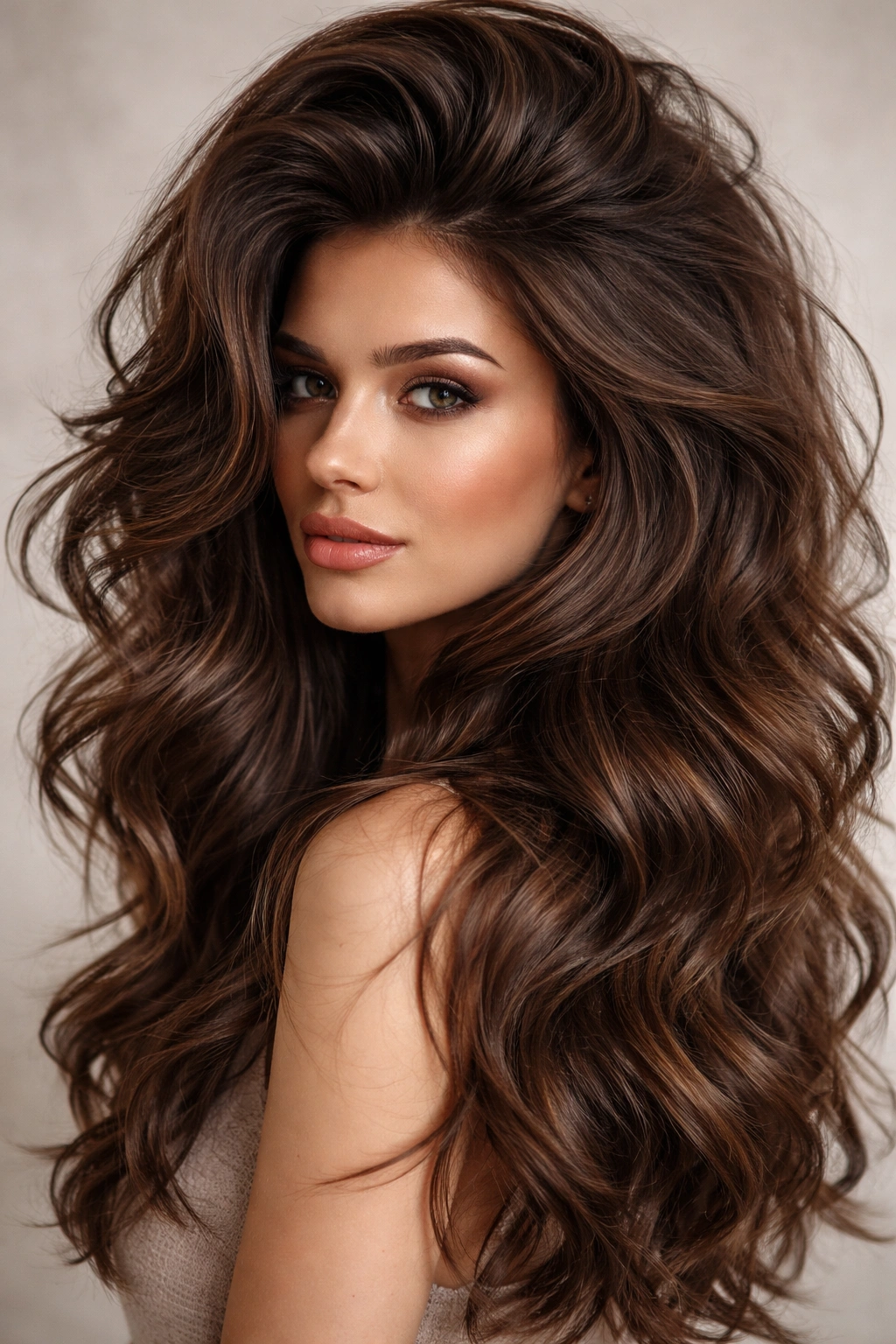 Voluminous teased waves with crown lift in brown hair