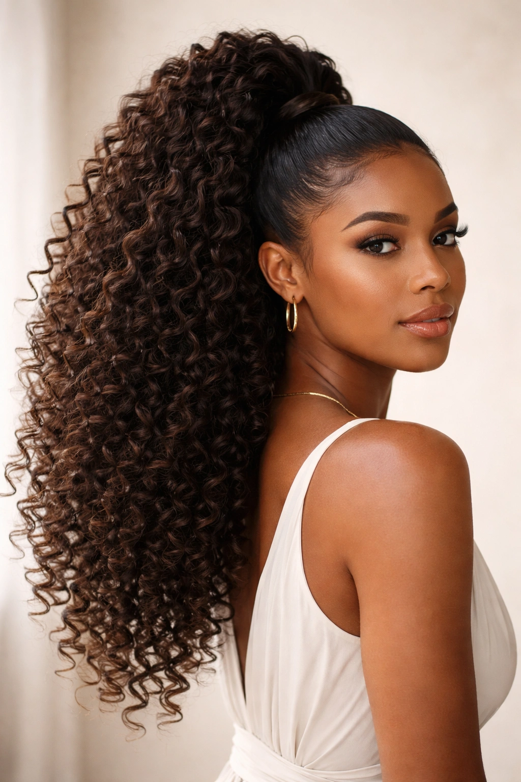 High-volume textured weave ponytail with abundant curls