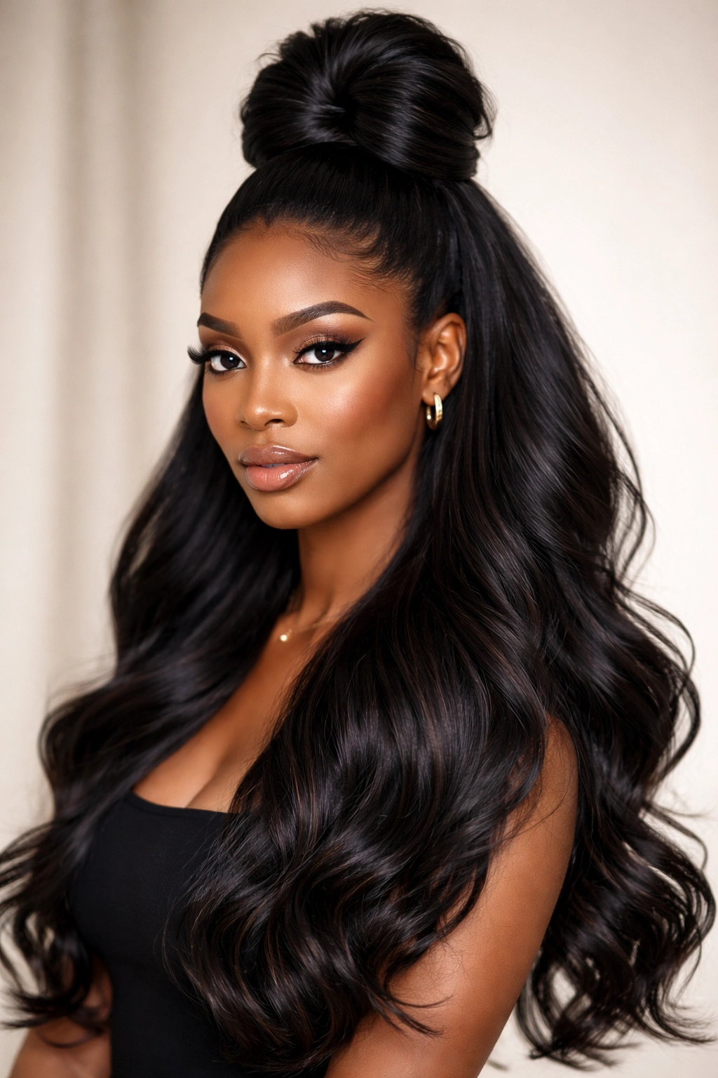 Close-up of a voluminous top knot with flowing lower hair in a studio portrait