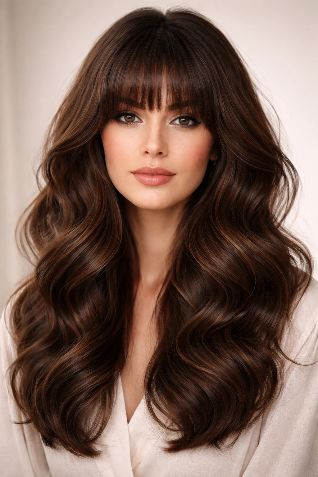 Head-and-shoulders shot of voluminous waves and blunt curtain bangs in studio lighting