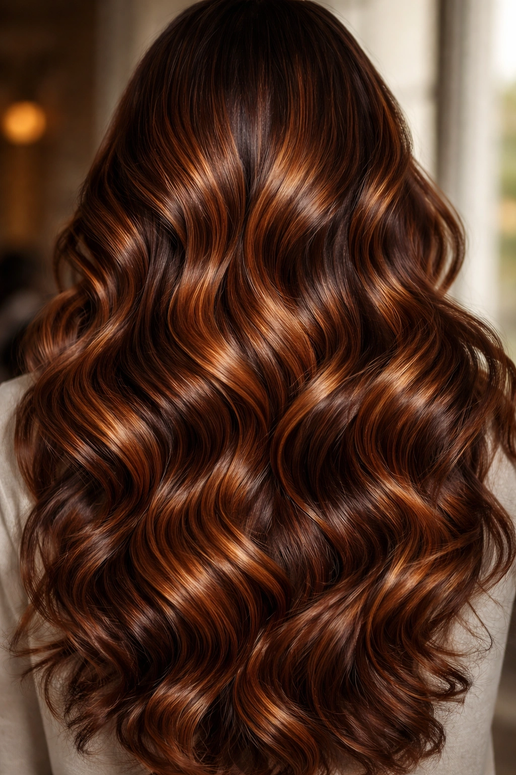 Voluminous waves with copper balayage tones catching light
