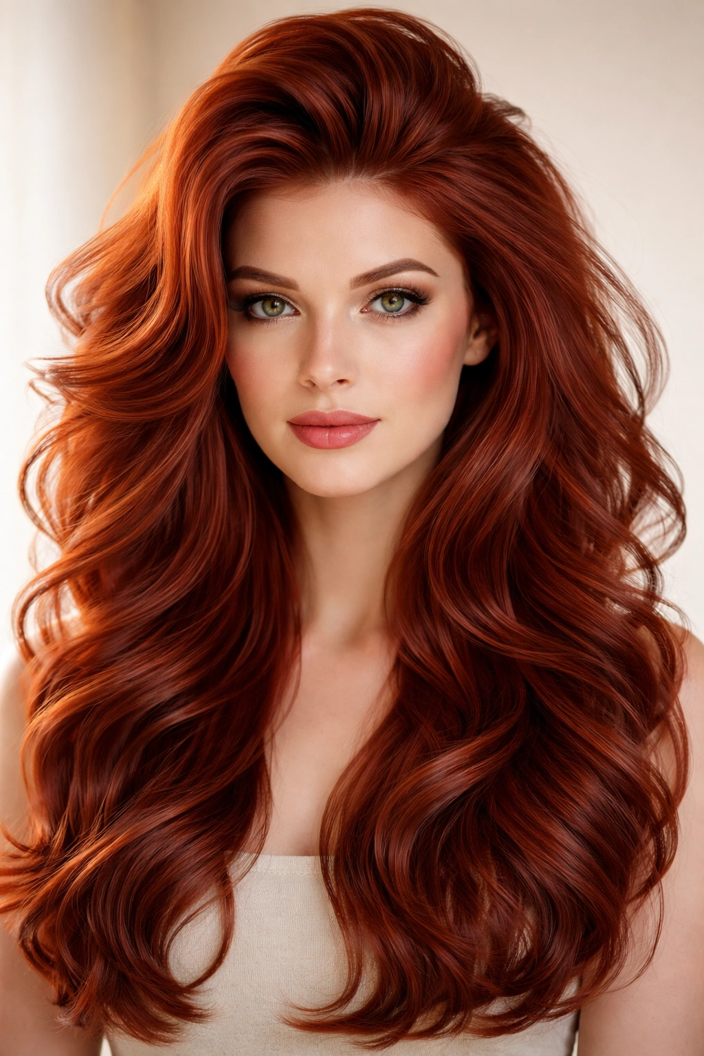 Red hair with voluminous waves and lifted crown for bold volume.