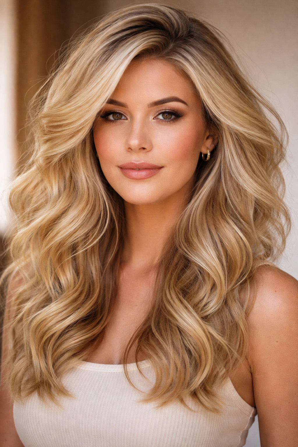Blonde voluminous waves with layered crown for lift