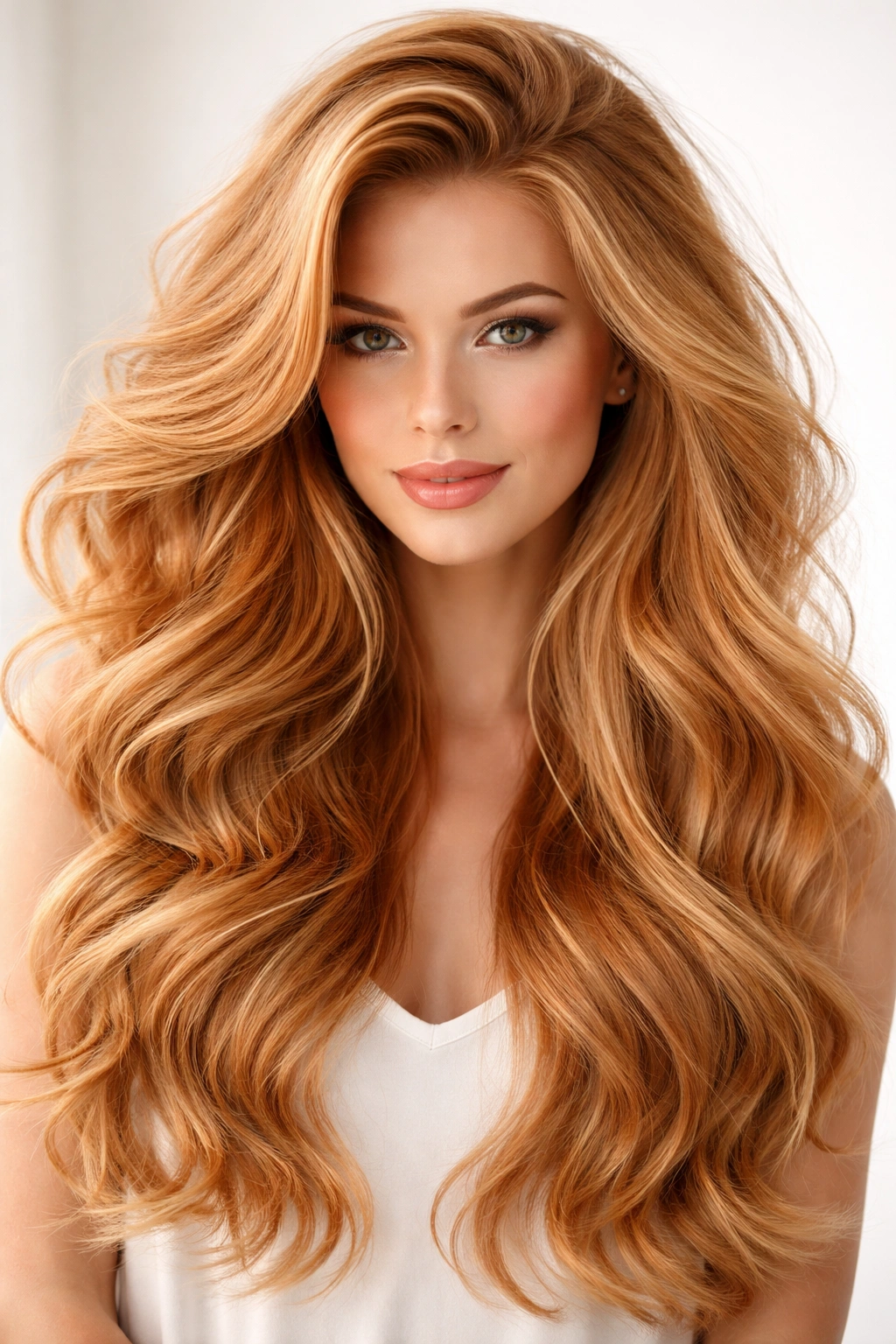 Voluminous waves with root lift in strawberry blonde hair
