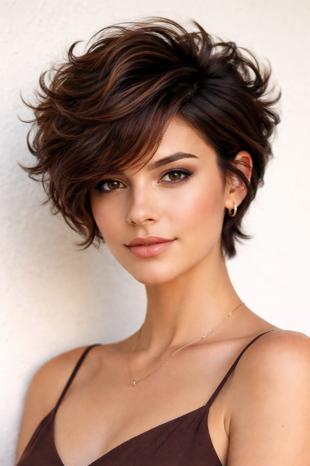 Brunette voluminous wavy crop highlighting texture and depth