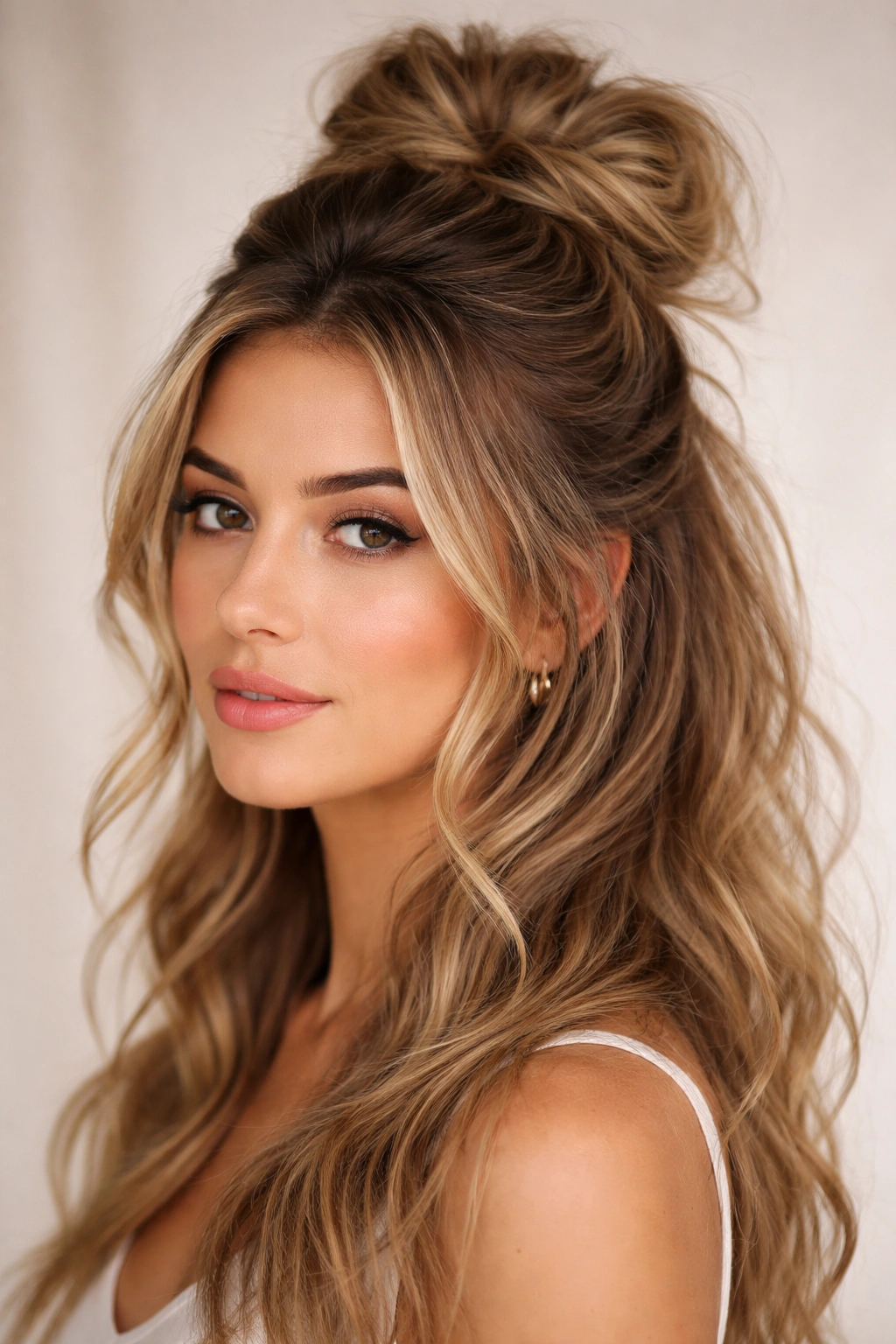 Close-up of tousled half-up bun with volume and textured waves
