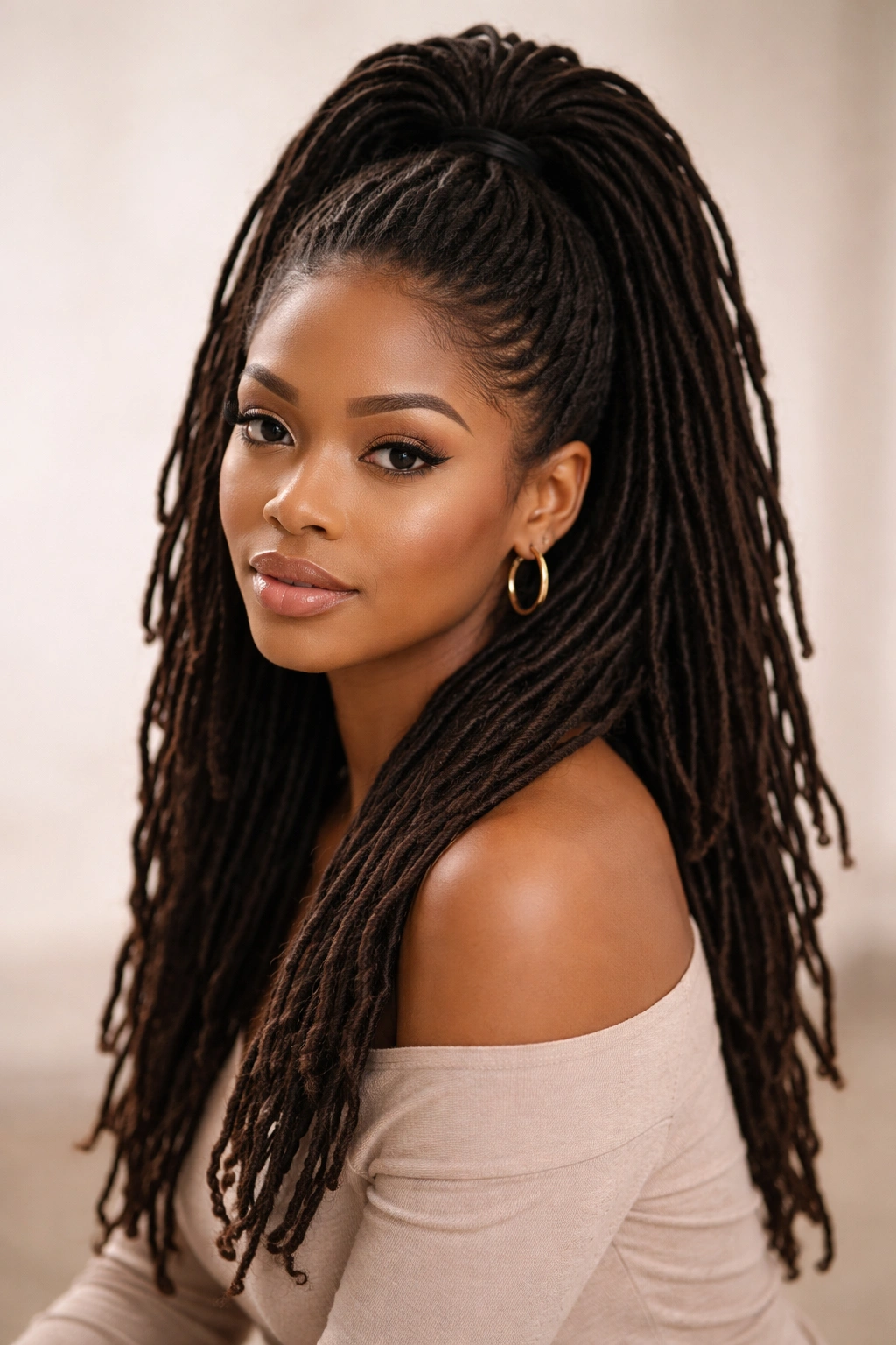Close-up of voluminous crown half-ponytail hairstyle on locs with crown lift