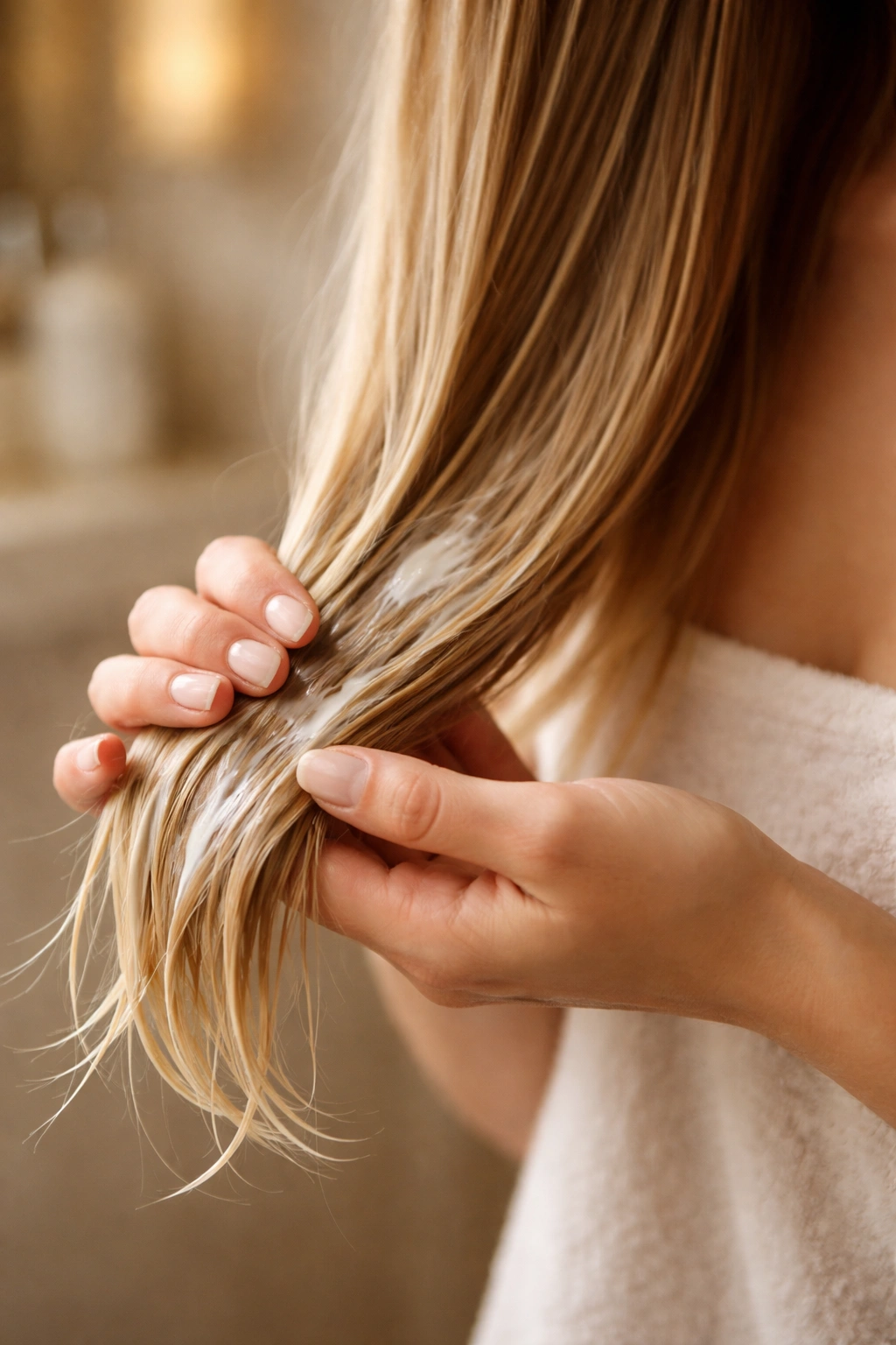 Hand applying volumizing conditioner to hair ends