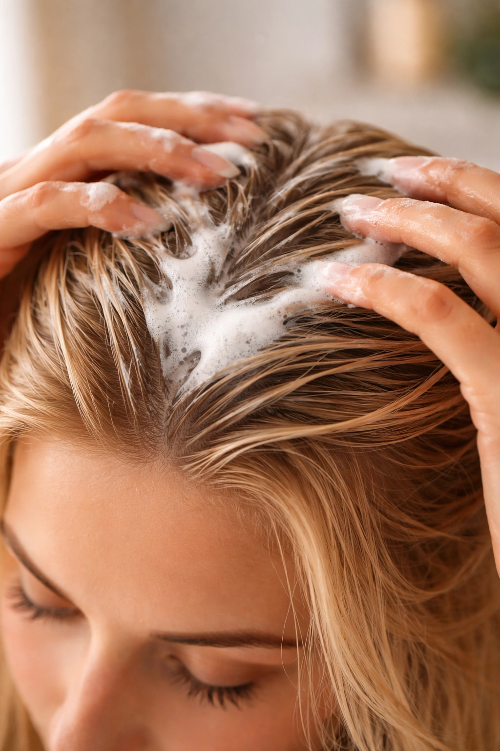 Close-up of damp hair with lightweight foam at the roots showing mousse application for volume