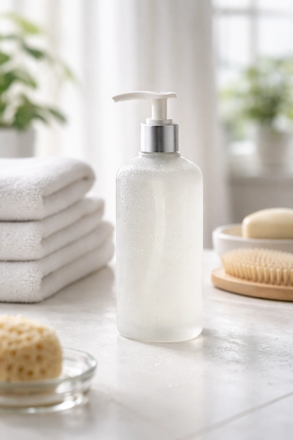 Label-free volumizing shampoo bottle on a clean bathroom counter