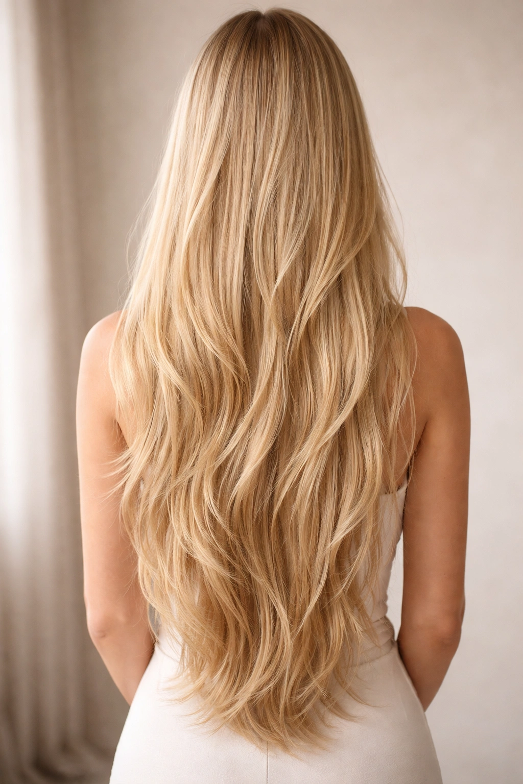 Back view of waist-length blonde hair with delicate, subtle layers.