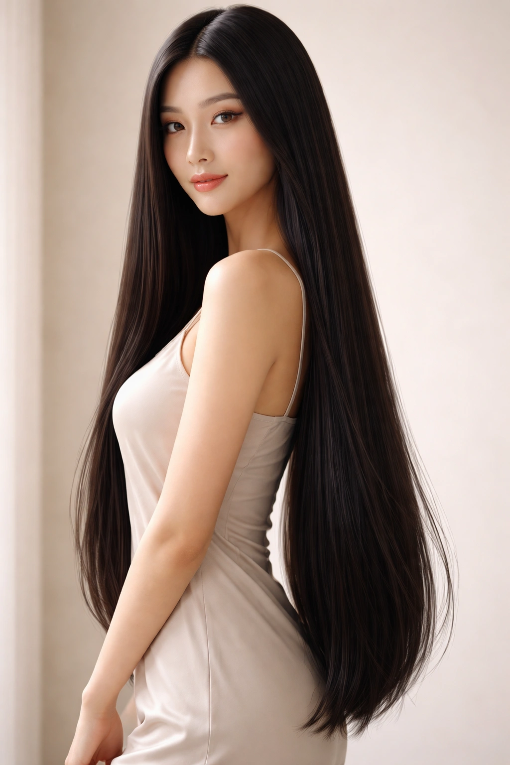 Full-length portrait of a person with waist-length straight hair