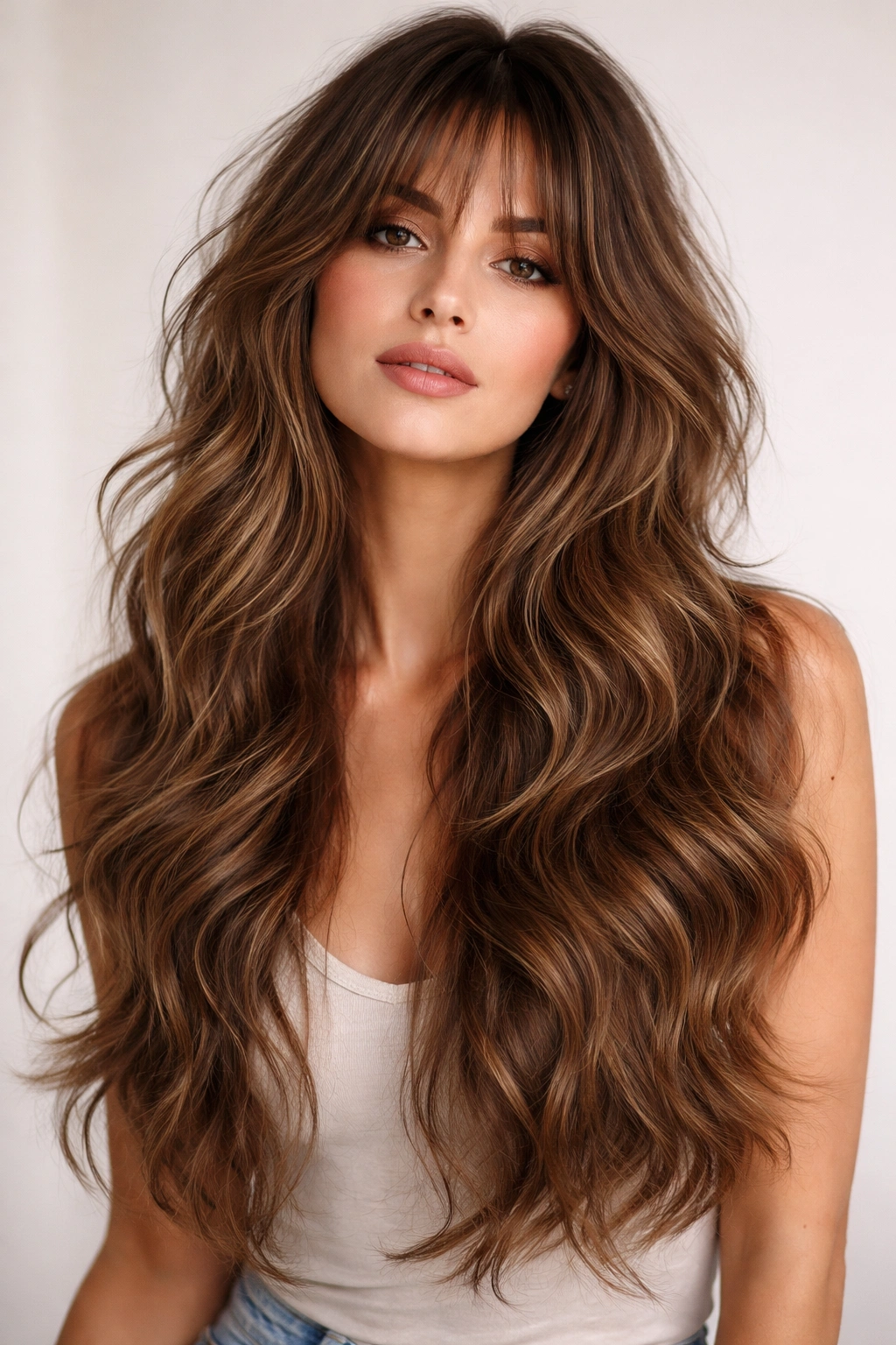 Close-up of waist-length shag hairstyle with flowing waves and layered texture