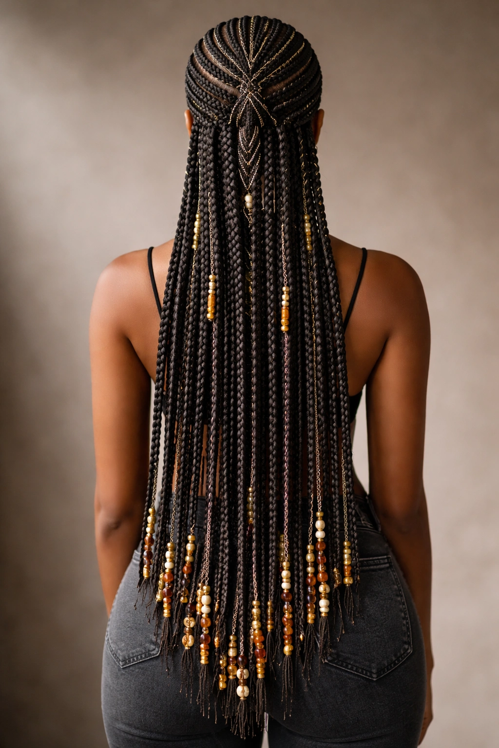 Waist-length tribal cornrows cascading down the back with beads