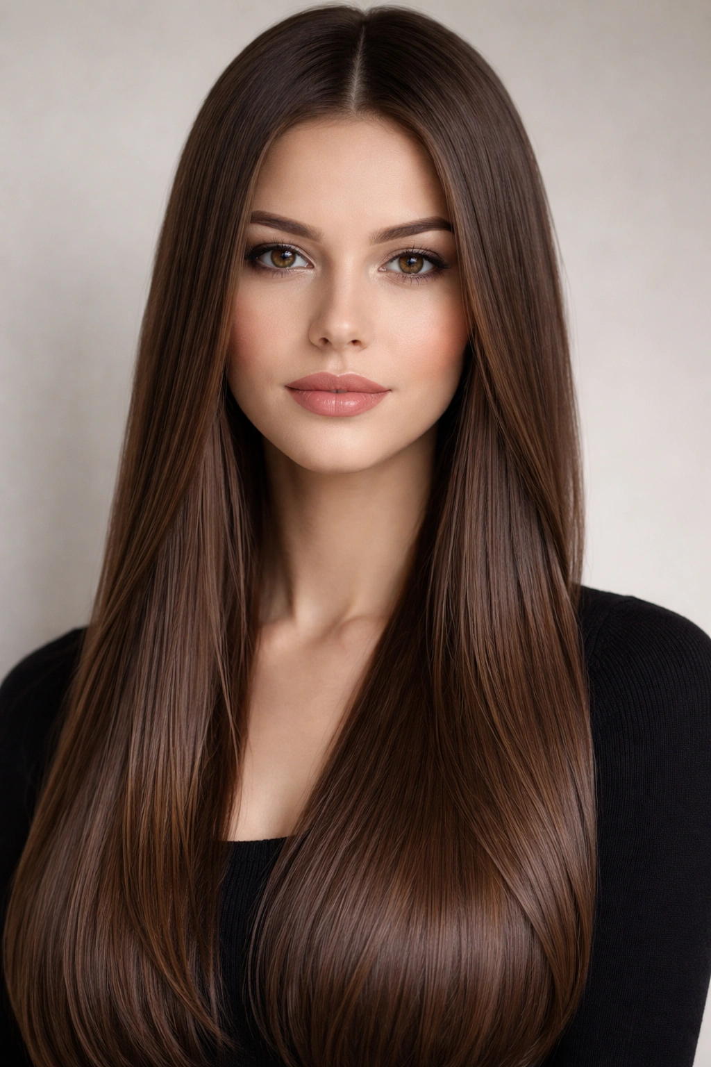 Close-up portrait of straight hair in walnut brown with cool ash undertones.