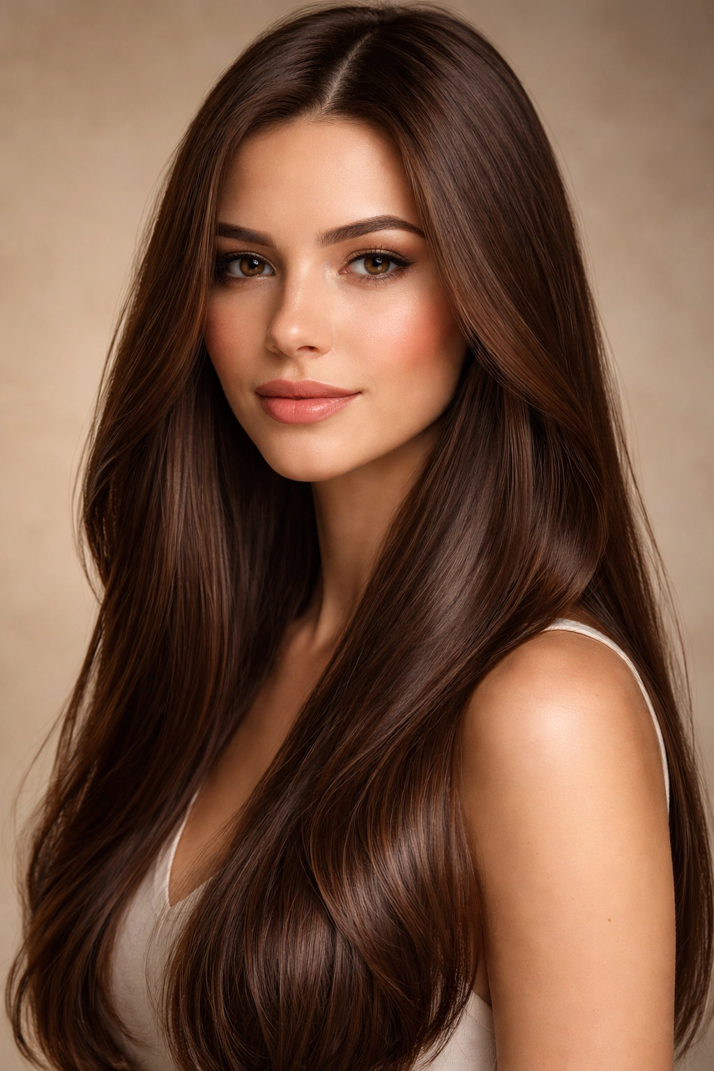 Close-up of straight hair in Walnut Brown with deep earthy undertones
