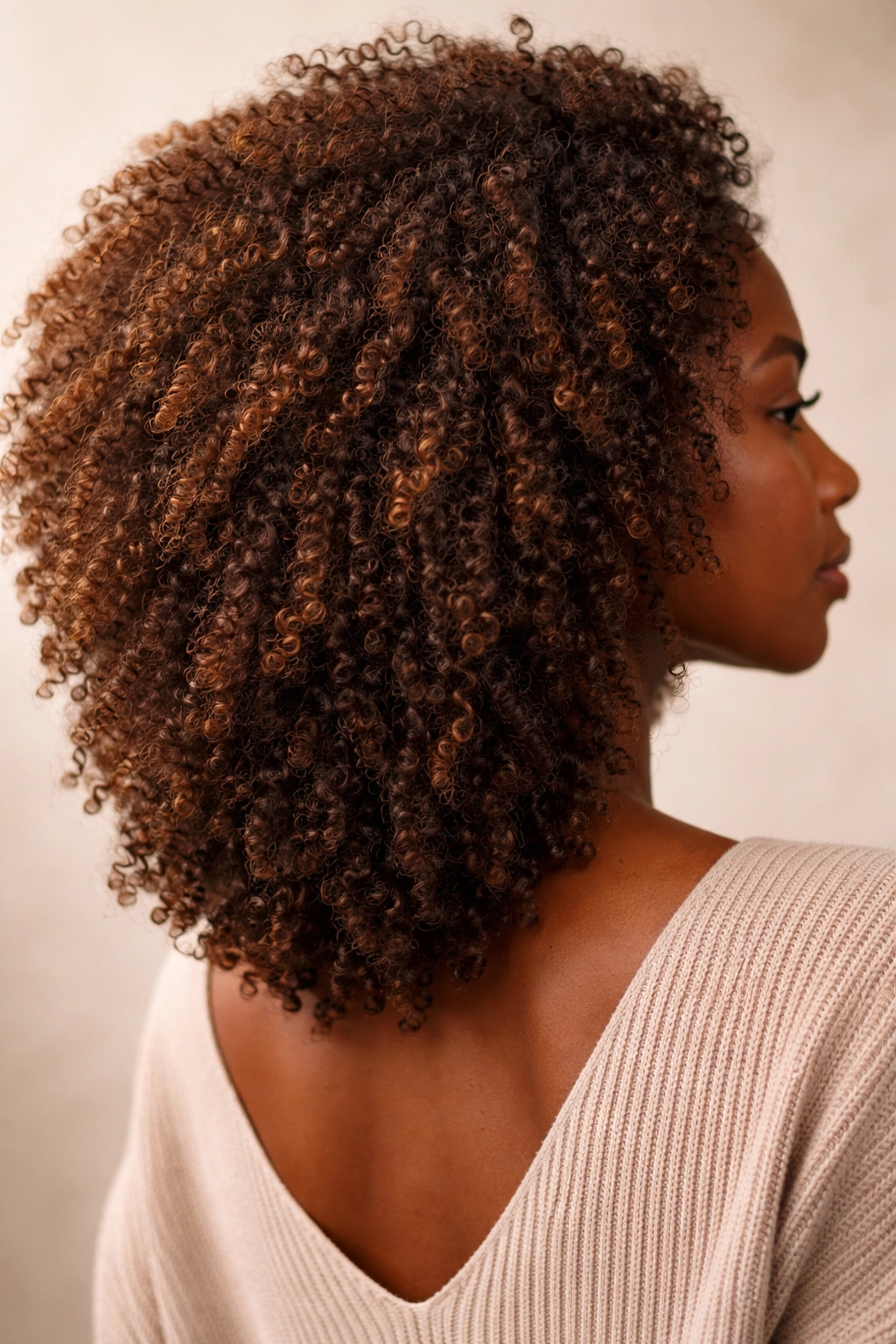 Close-up of coily hair in warm almond brown with caramel highlights