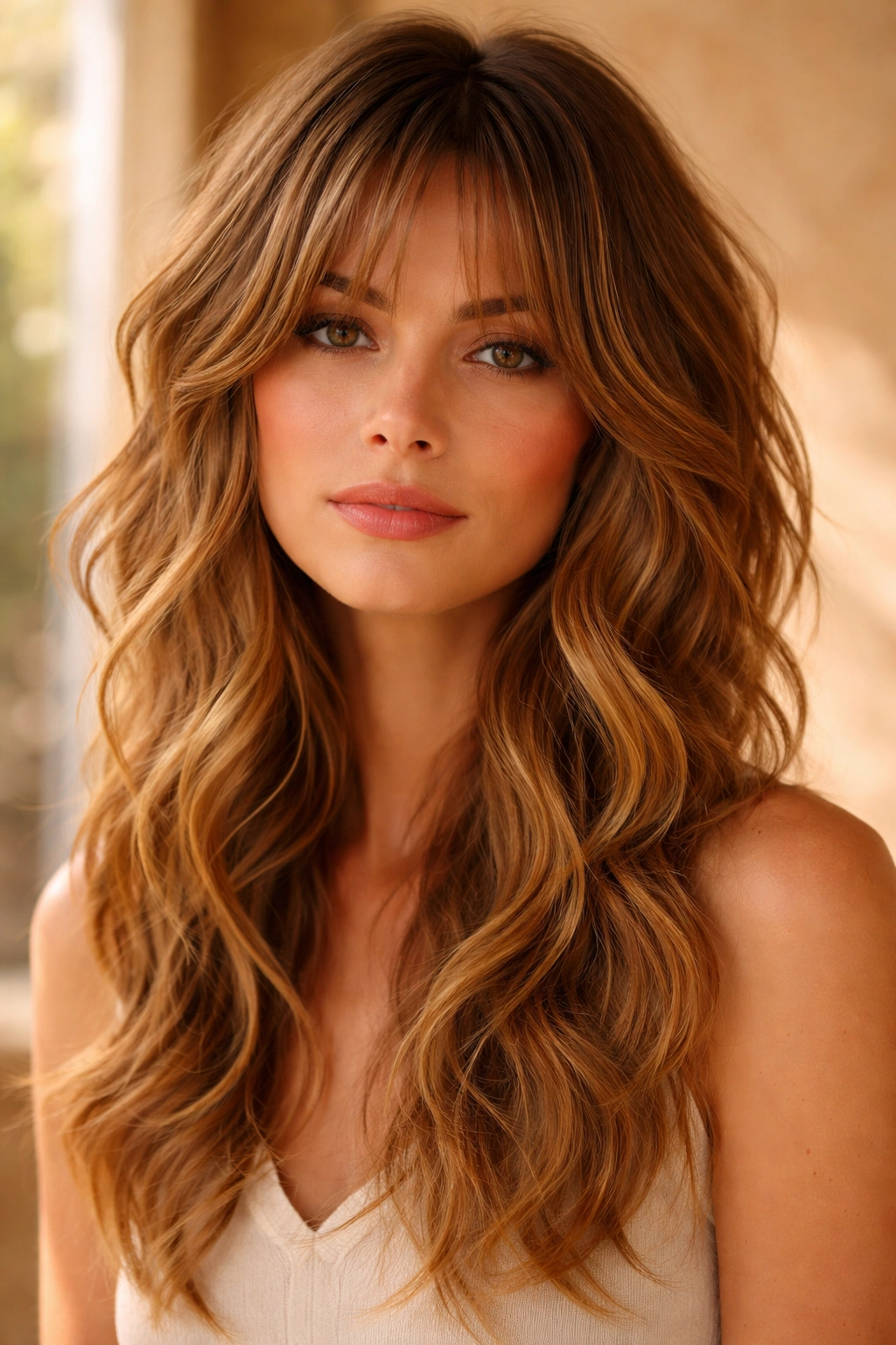 Close-up of a model with warm caramel wolf cut and beachy waves