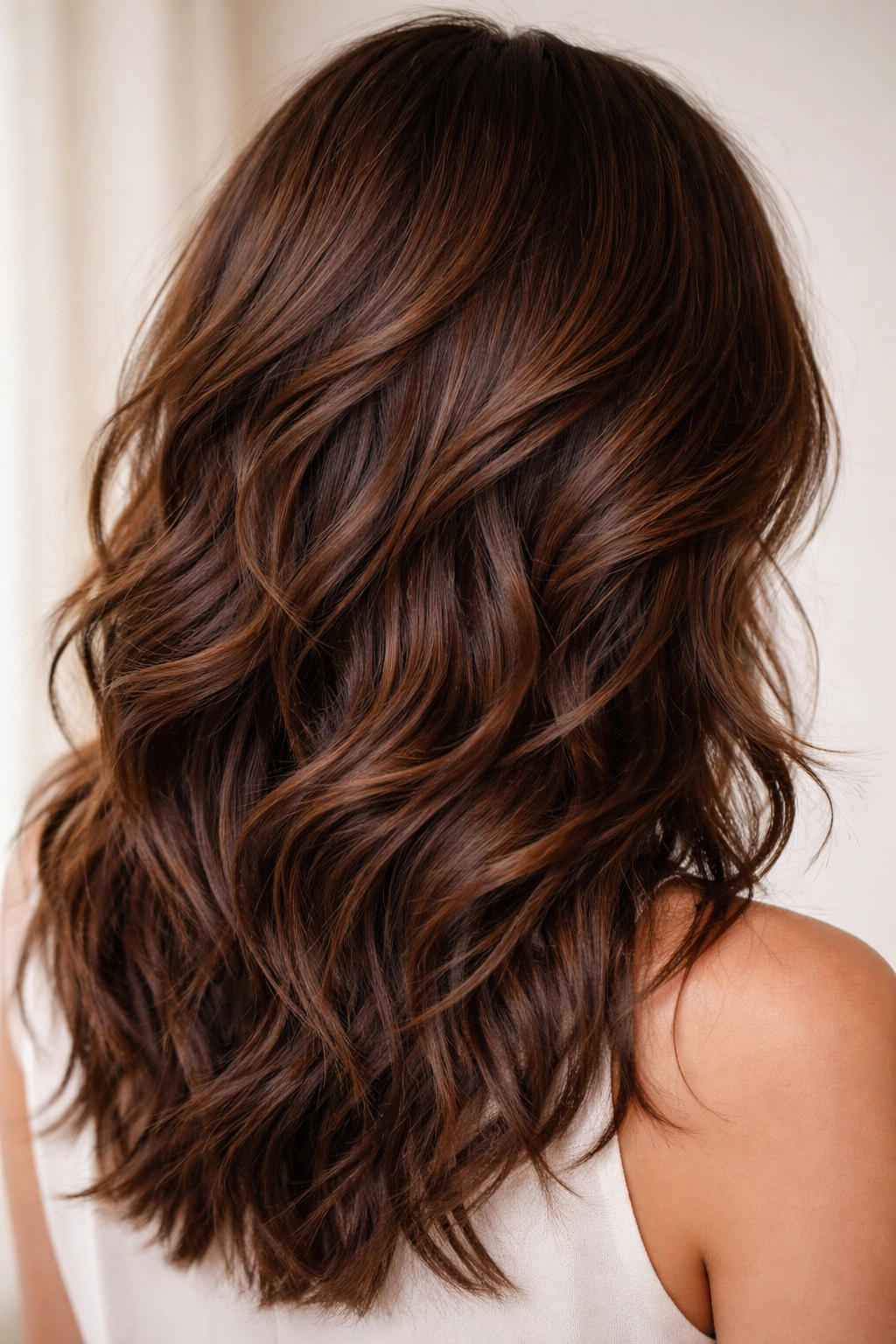 Warm chestnut hair with textured shoulder-length layers