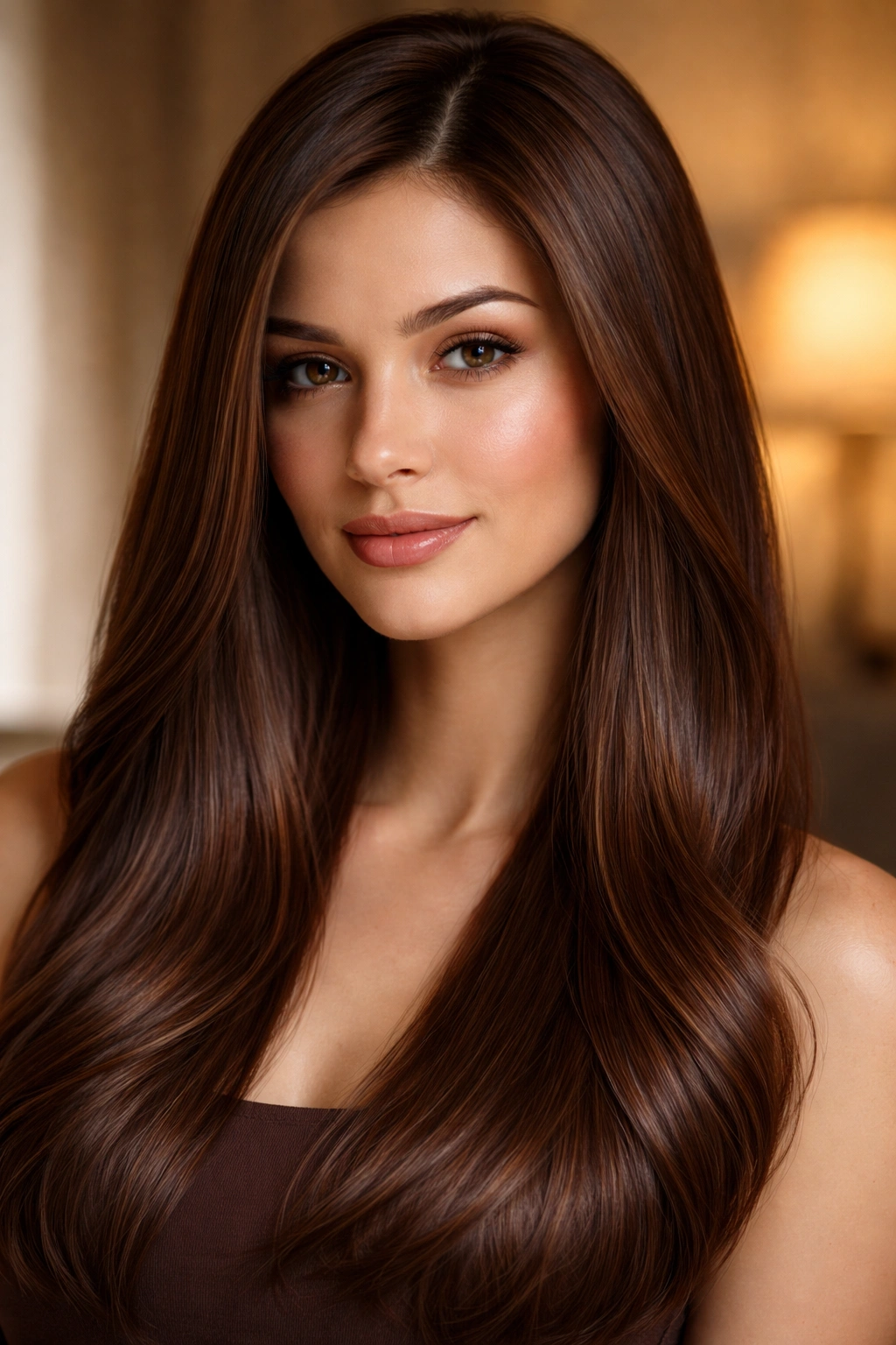 Close-up of straight hair in warm chocolate brown with golden undertones.