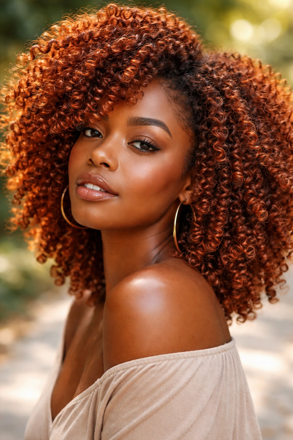 Coily hair in warm copper shade with metallic glow