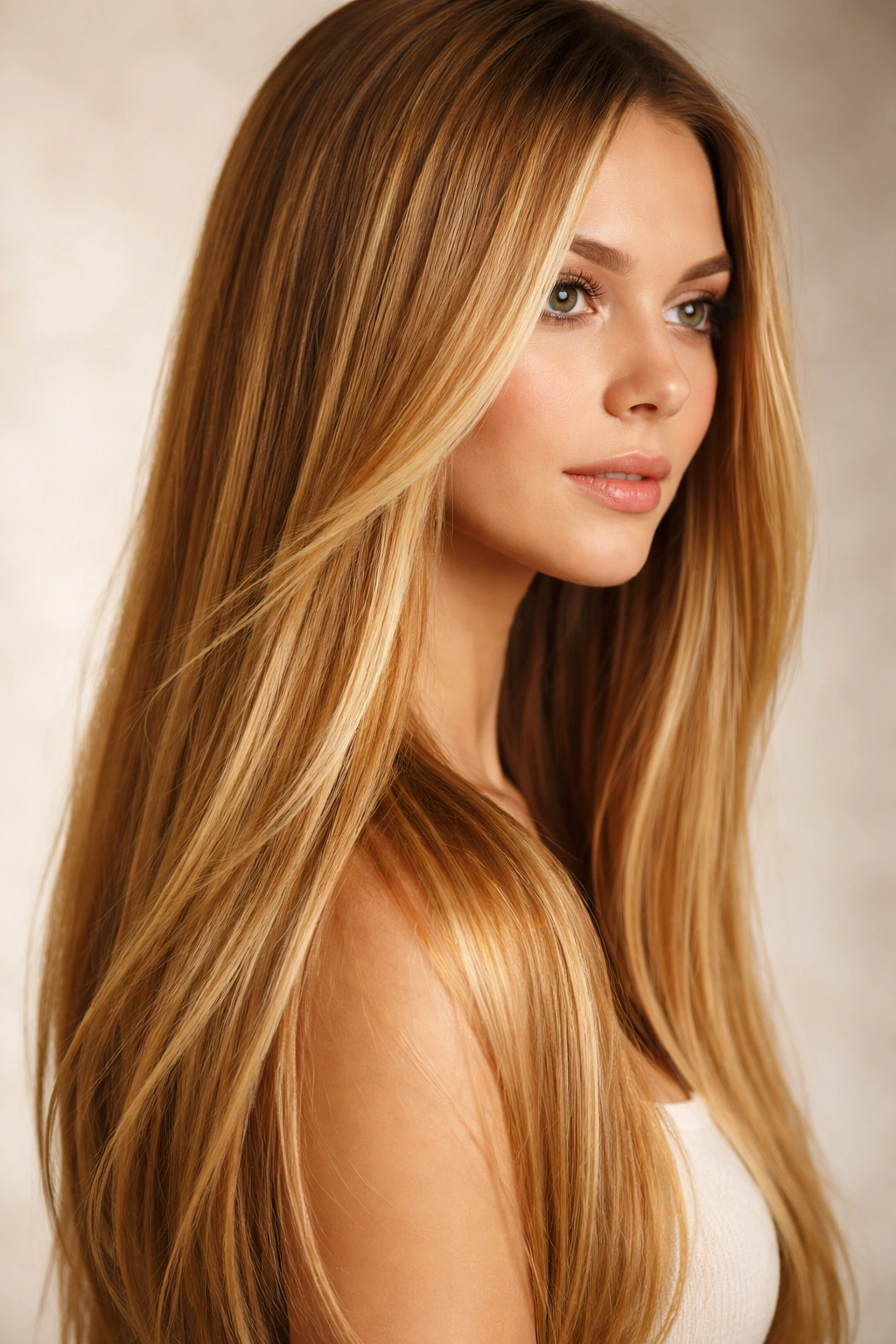 Warm golden blonde balayage on straight hair with radiant glow.