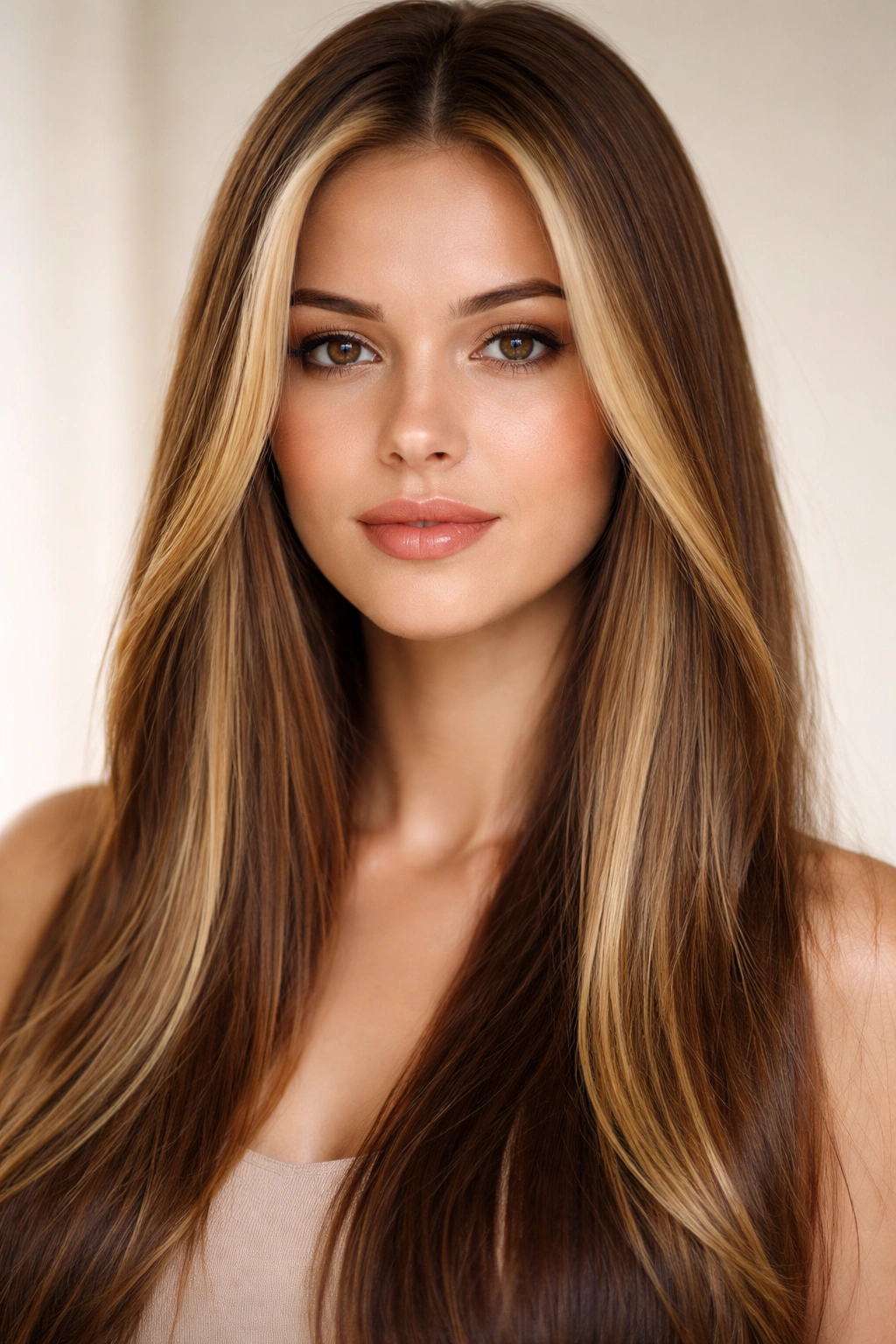 Close-up of warm honey blonde money piece highlights on straight hair in studio lighting