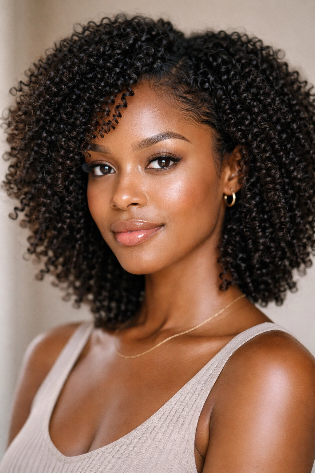 Close-up of glossy, hydrated wash-and-go coils with natural curl pattern