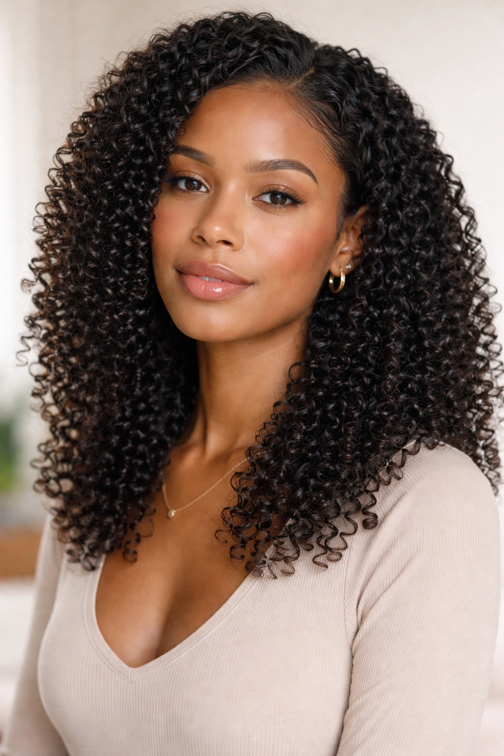 Portrait of person with hydrated curls after wash day