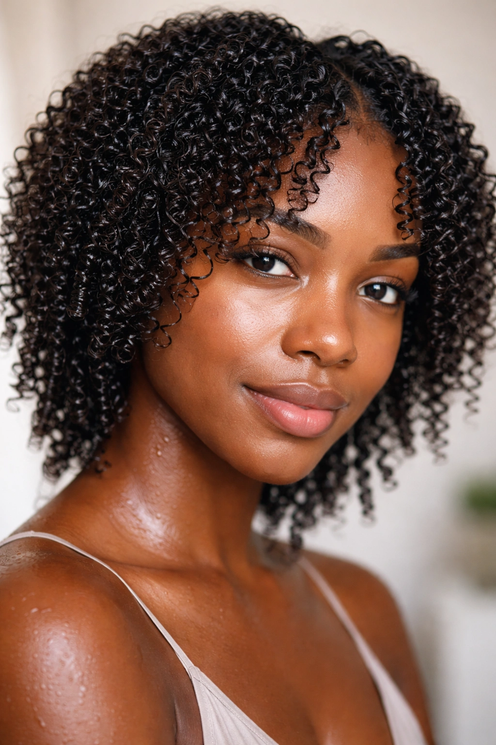 Close-up of wet, defined Type 4 curls in a wash-and-go hairstyle